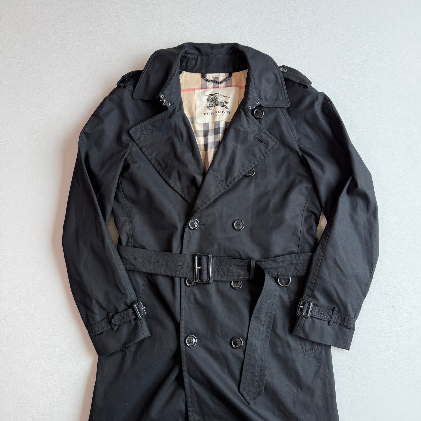Burberry (54R) Black Poly/Cotton Double Breast Trench Coat