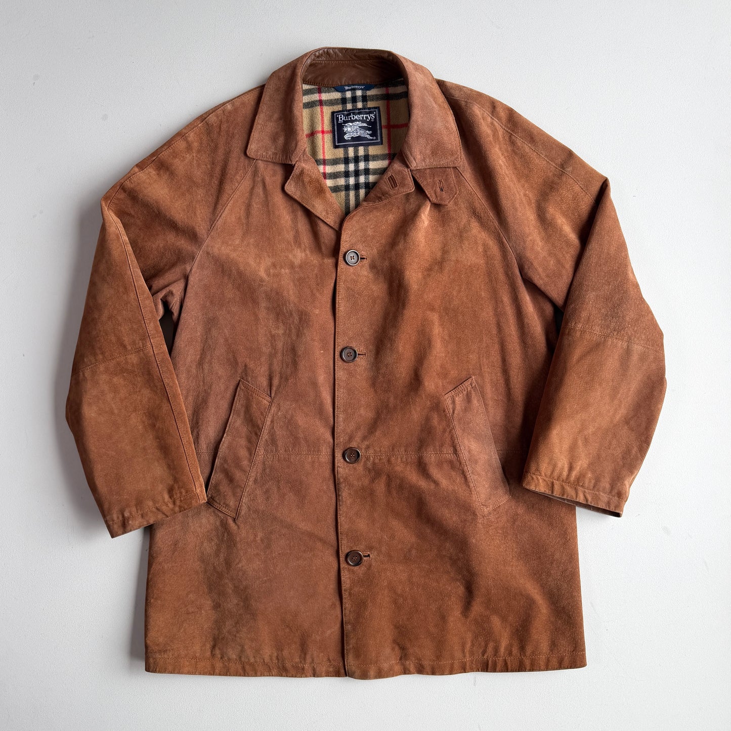 Burberry (52 /54) Suede Nova Check Raglan Balmacaan Leather Coat