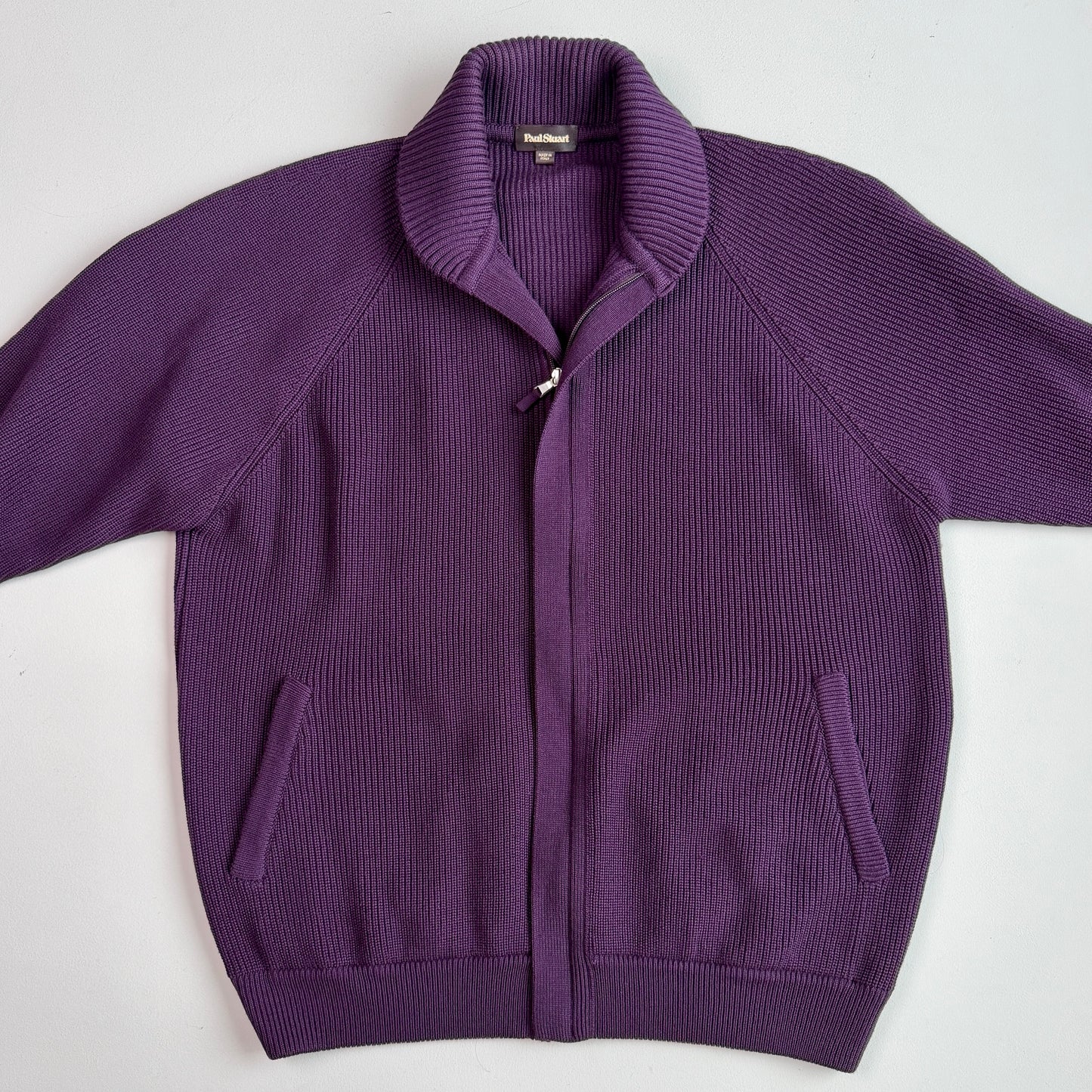 Paul Stuart (XL) Royal Purple Wool Heavy Rib-Knit Zip Sweater Cardigan