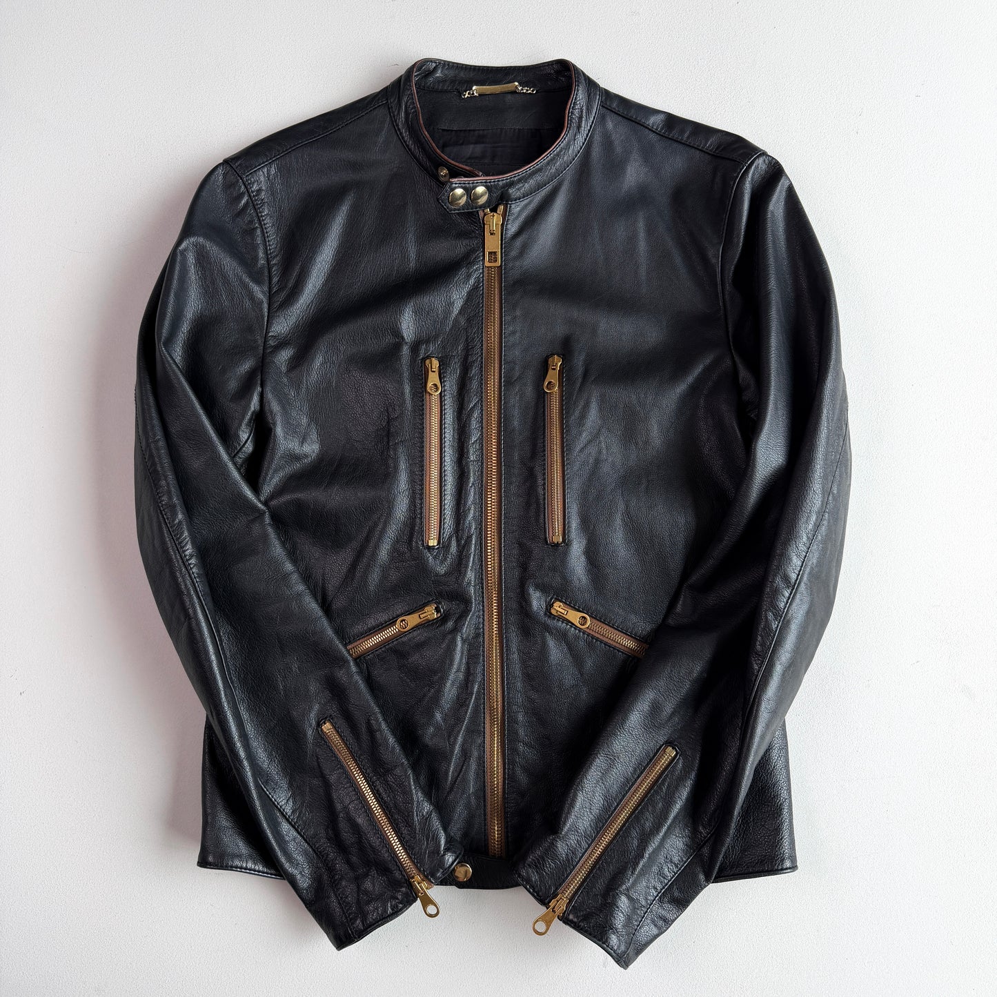 Dolce & Gabbana (48IT / M) Black Leather Brass Zipper Cafe Racer Jacket