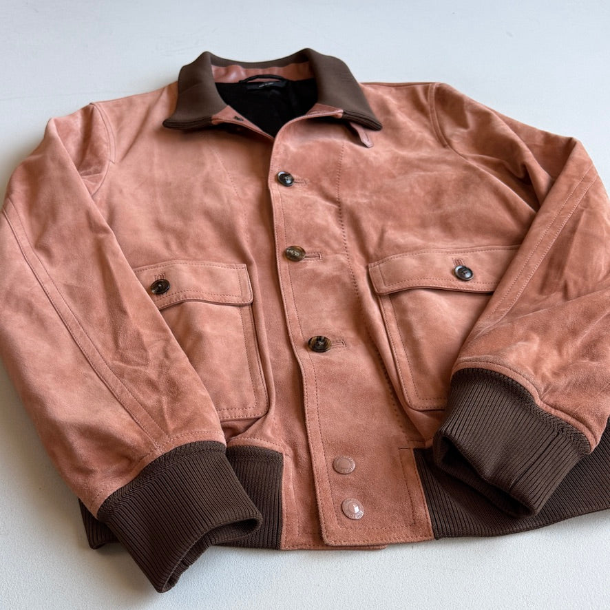 MINT! Tom Ford (50 IT) Blush Clay Calfskin Suede Leather Bomber-Style Jacket
