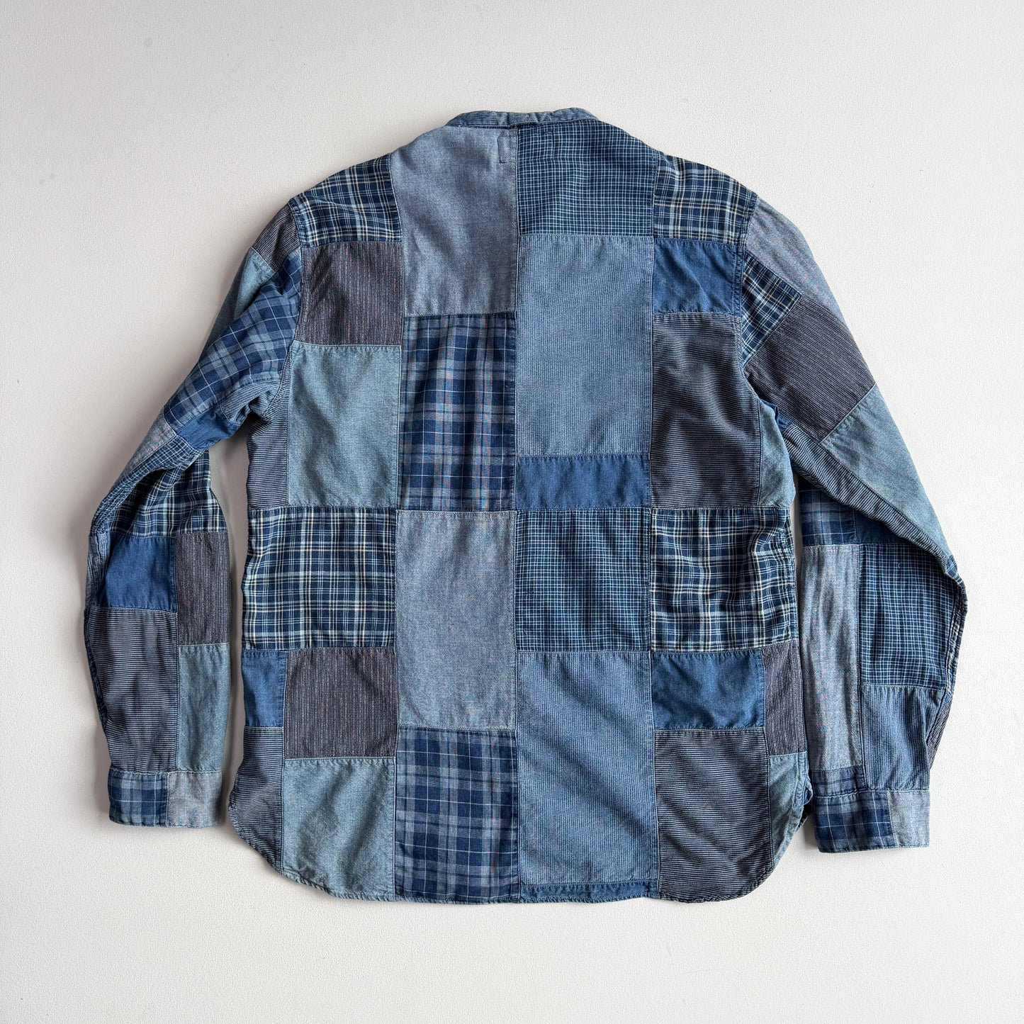RRL Ralph Lauren (L) Indigo Patchwork Band Collar Button Front Shirt