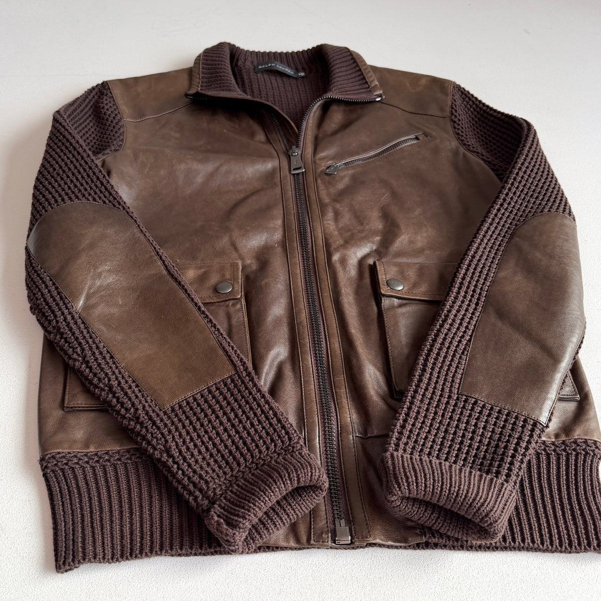 Ralph Lauren Black Label (S) Leather Front Cotton Knit Brown Cardigan Sweater