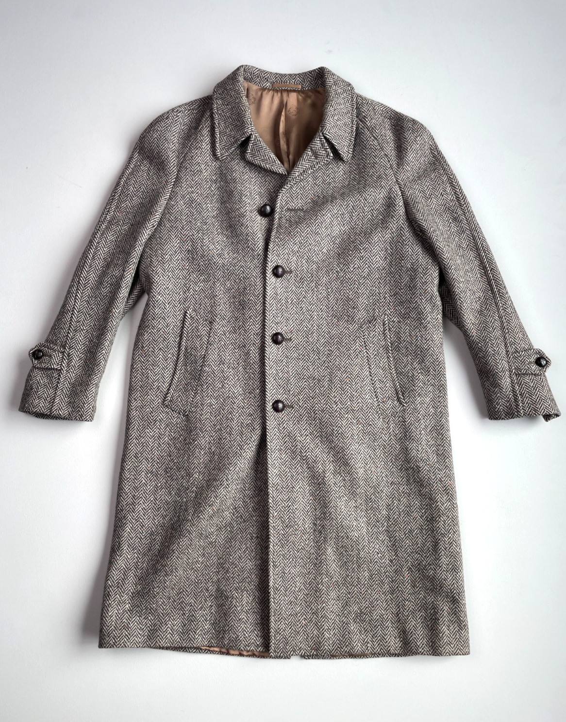 VNTG Crombie (42R) Wool Donegal Herringbone Tweed Flecked Balmacaan Overcoat