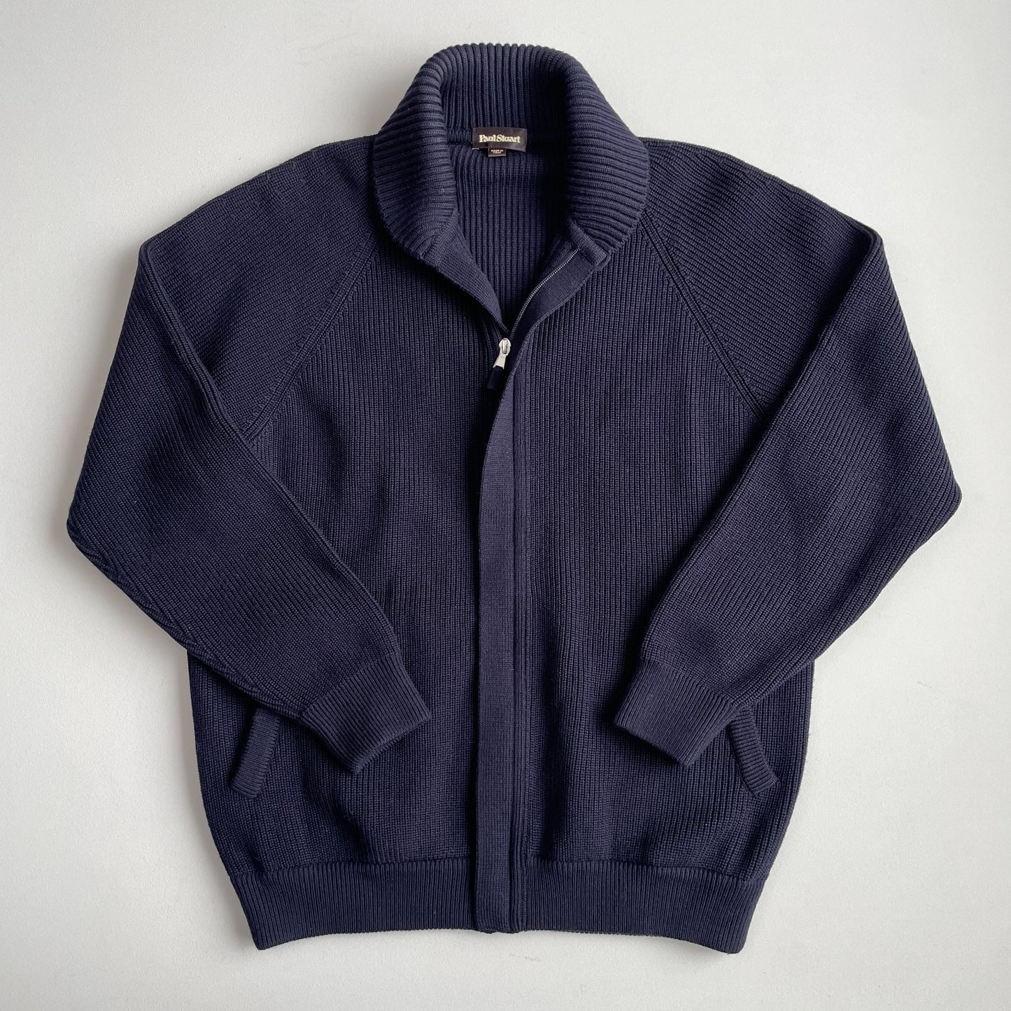 Paul Stuart (M) Navy Blue Wool Heavy Rib-Knit Zip Front Sweater Cardigan