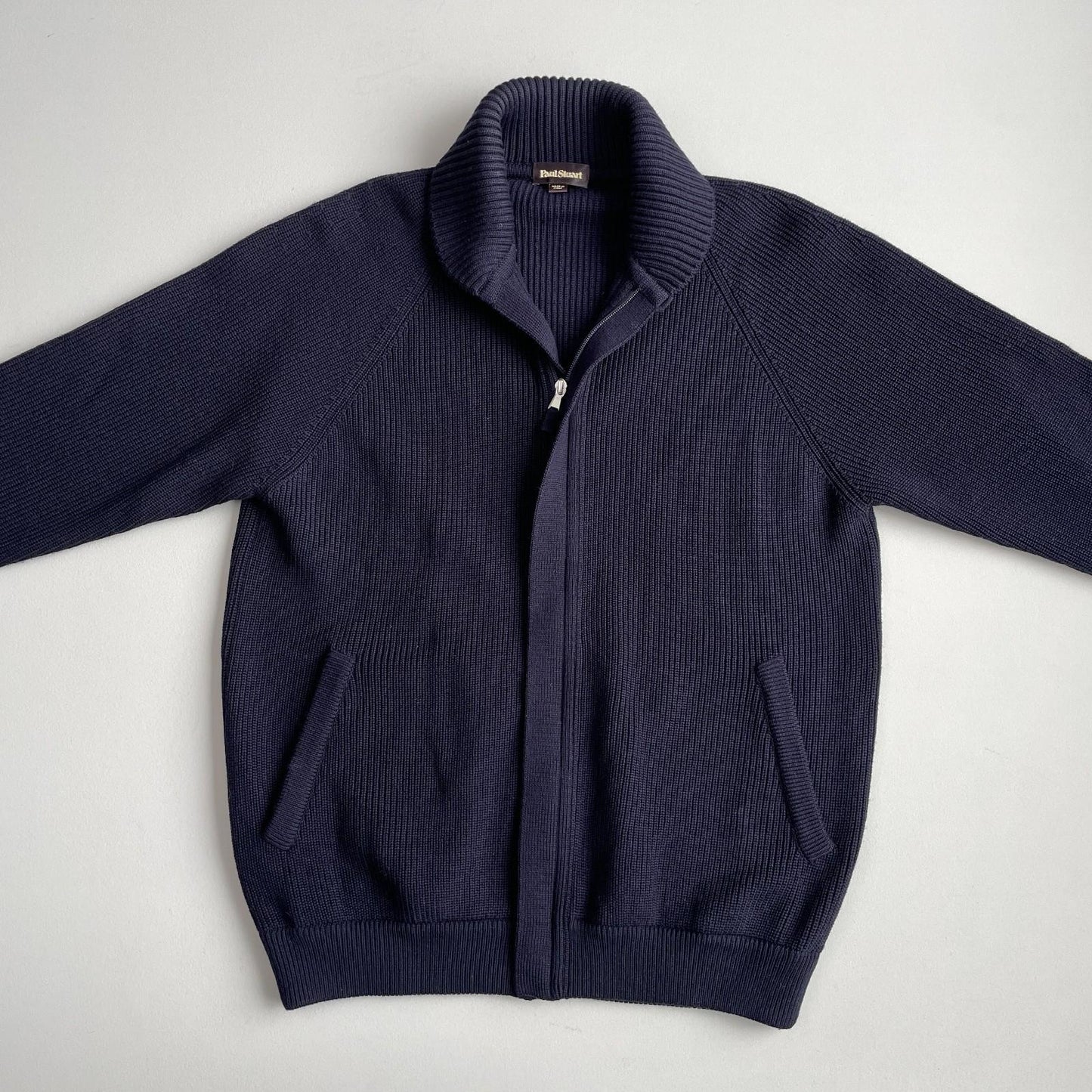 Paul Stuart (M) Navy Blue Wool Heavy Rib-Knit Zip Front Sweater Cardigan