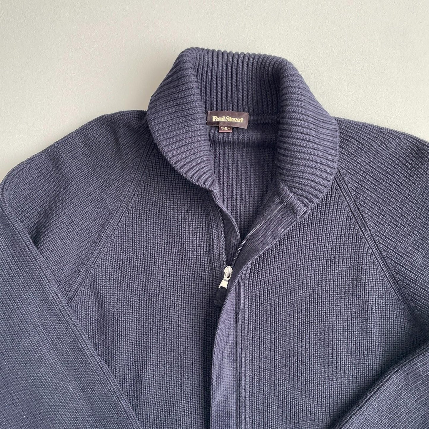 Paul Stuart (M) Navy Blue Wool Heavy Rib-Knit Zip Front Sweater Cardigan