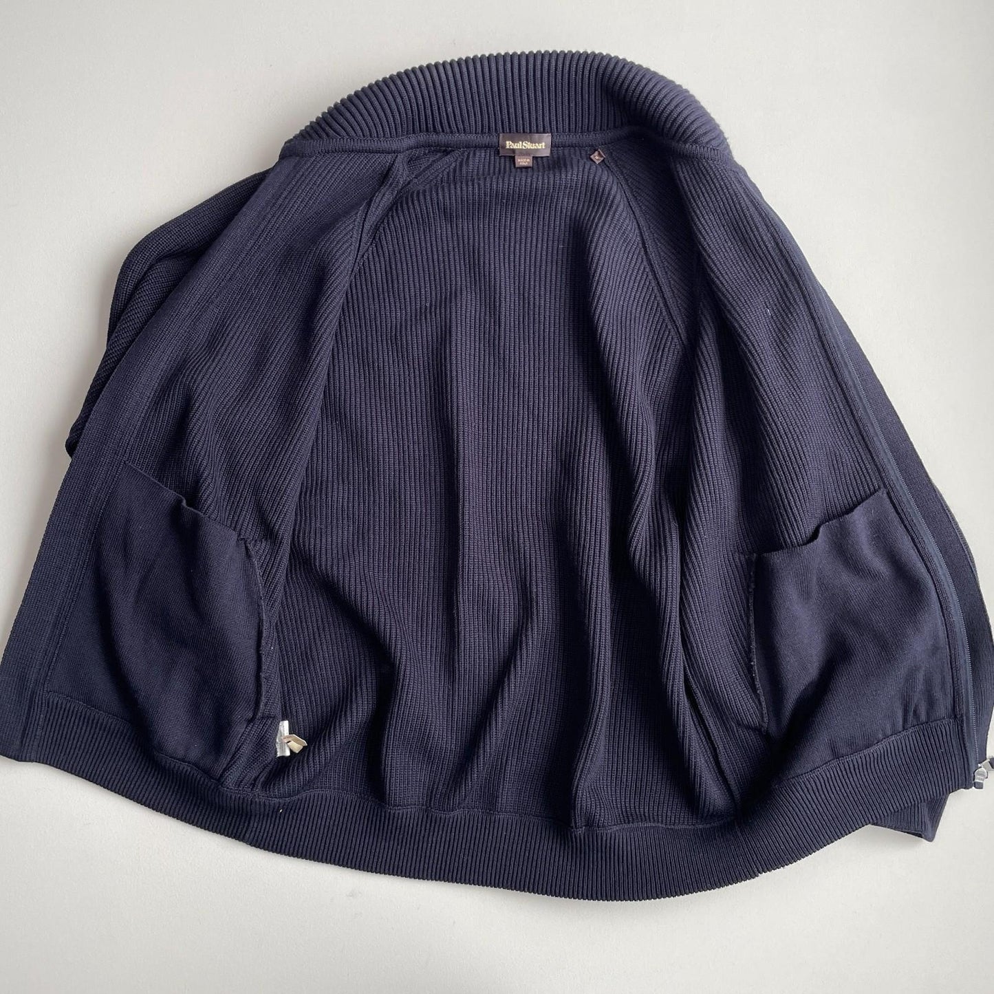 Paul Stuart (M) Navy Blue Wool Heavy Rib-Knit Zip Front Sweater Cardigan