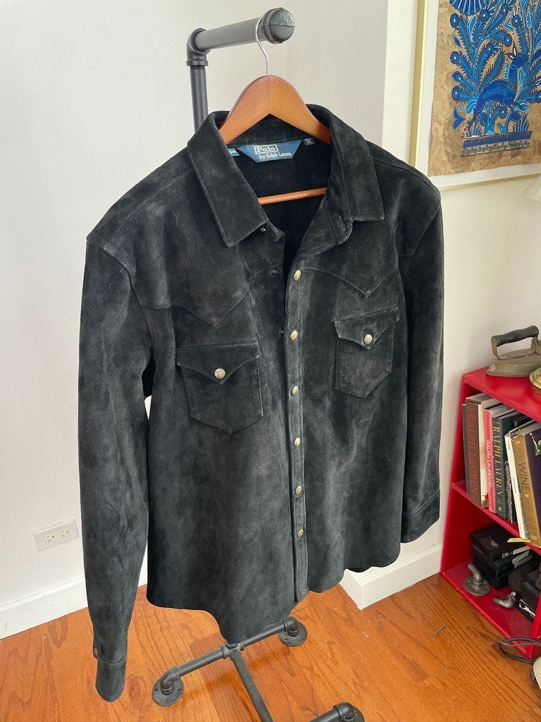 Polo Ralph Lauren (XL) Black Western Suede Roughout Leather Snap Over Shirt