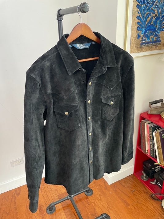 Polo Ralph Lauren (XL) Black Western Suede Roughout Leather Snap Over Shirt