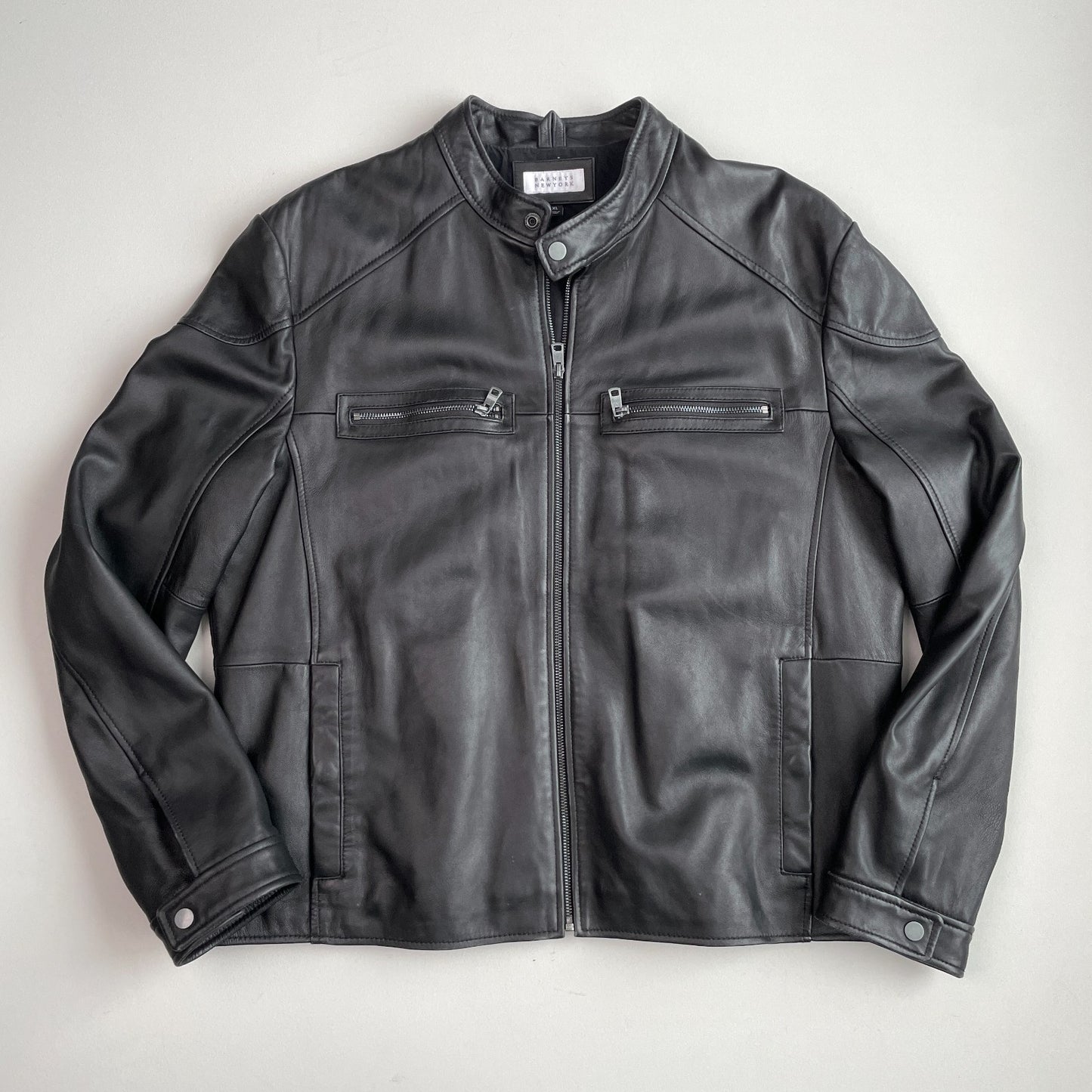 Barneys New York (XL) Black Leather Cafe Racer Motorcycle Jacket