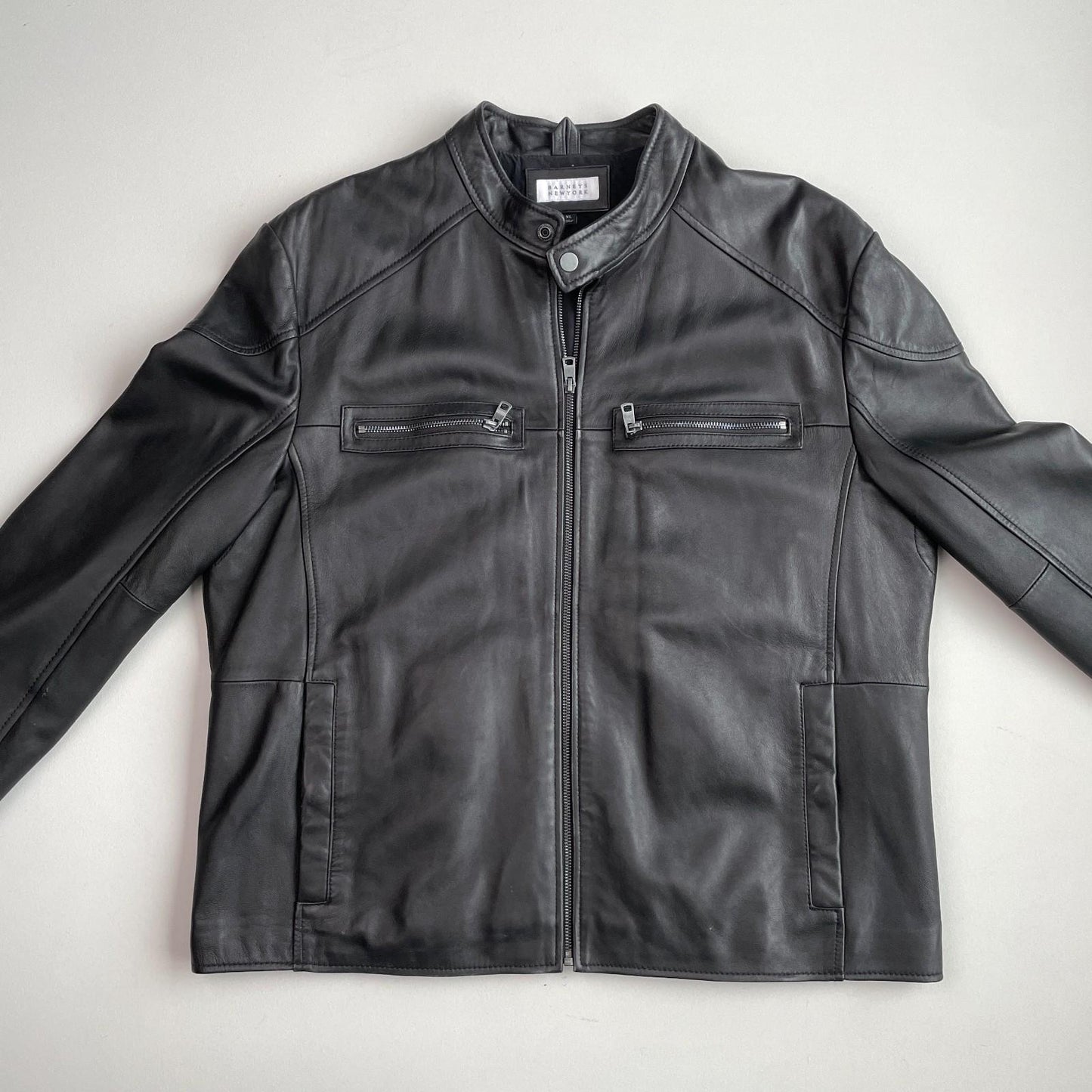 Barneys New York (XL) Black Leather Cafe Racer Motorcycle Jacket