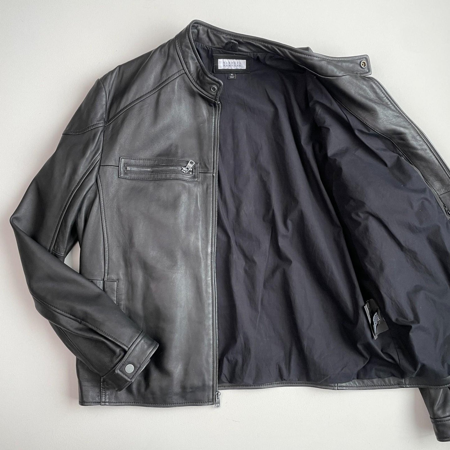 Barneys New York (XL) Black Leather Cafe Racer Motorcycle Jacket