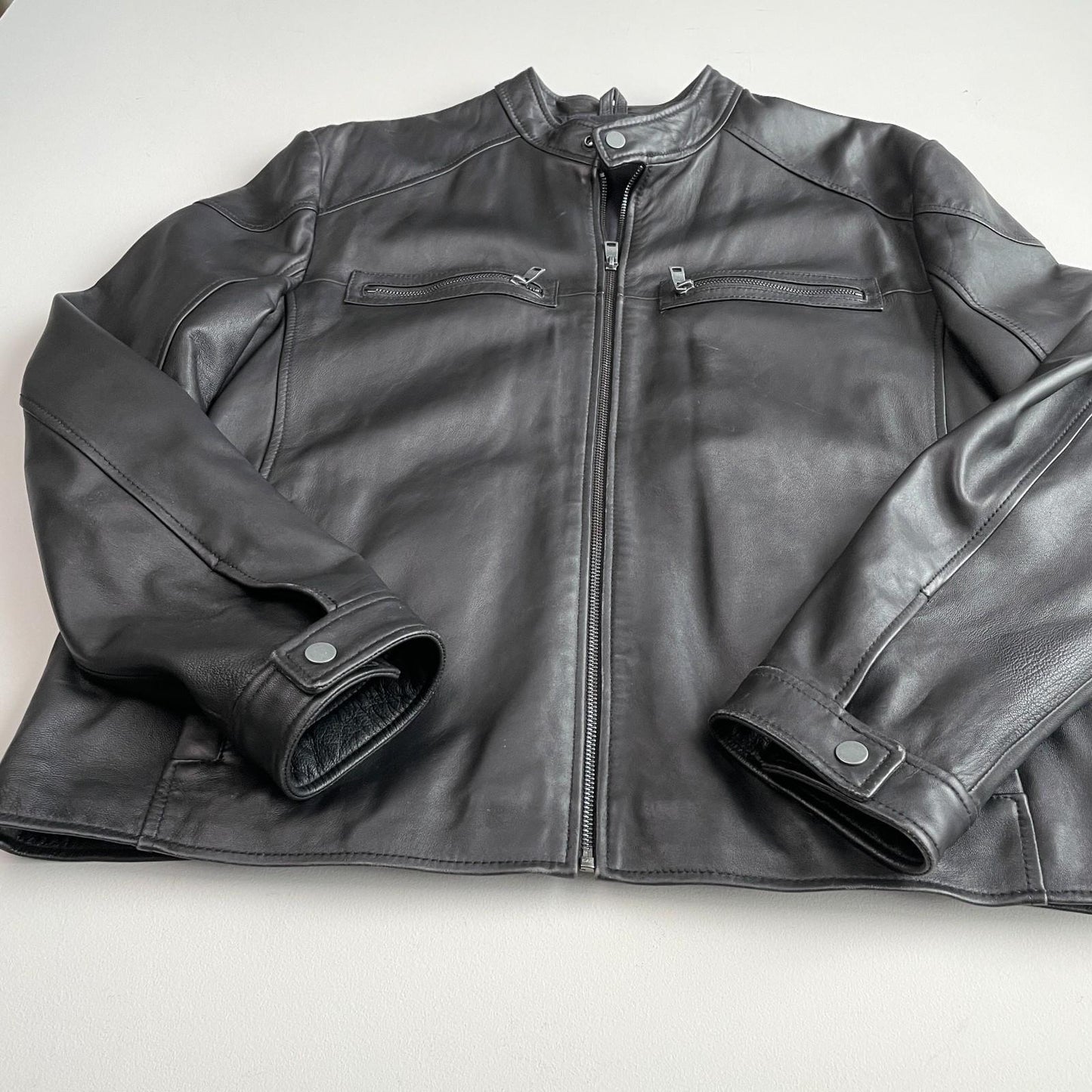 Barneys New York (XL) Black Leather Cafe Racer Motorcycle Jacket