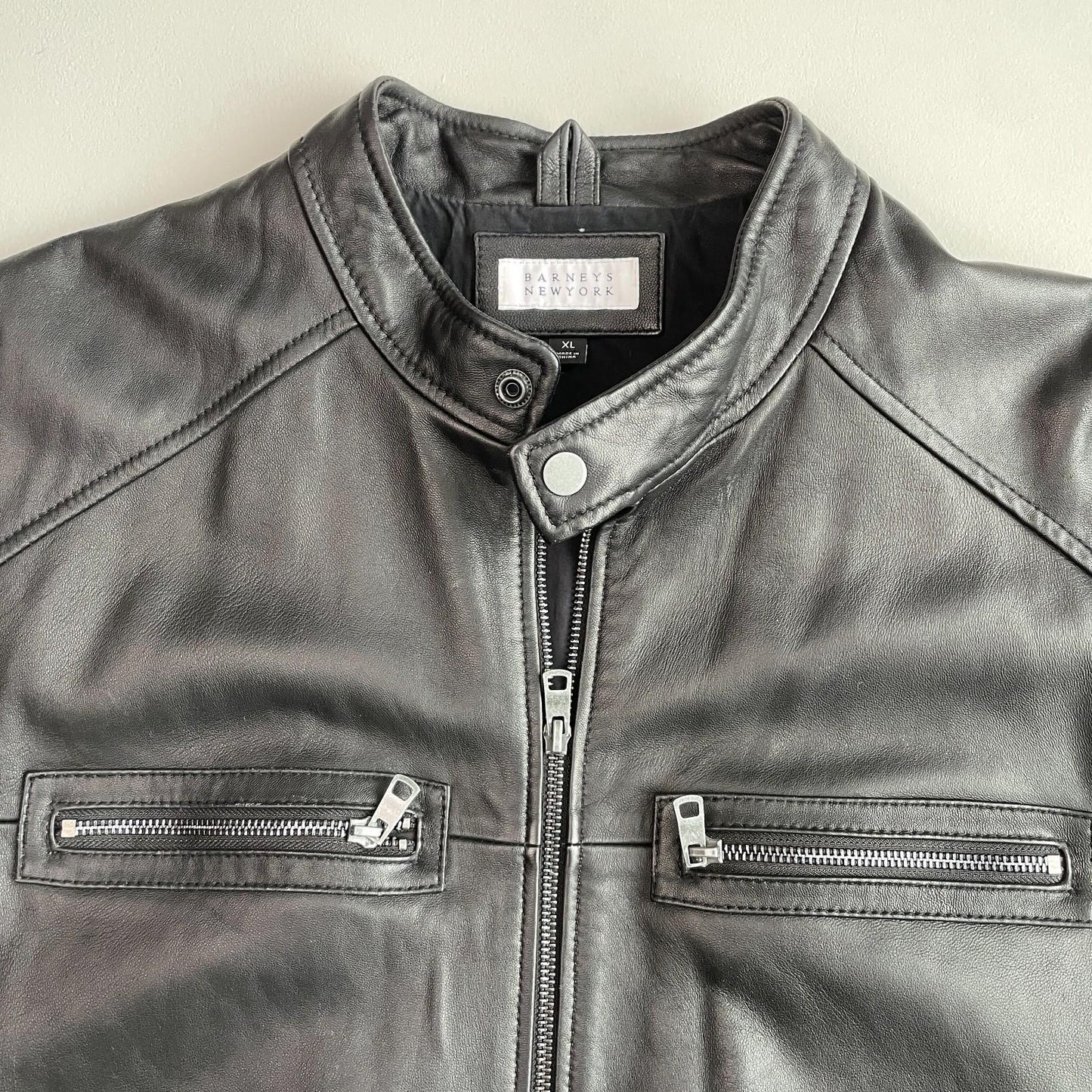 Barneys New York (XL) Black Leather Cafe Racer Motorcycle Jacket