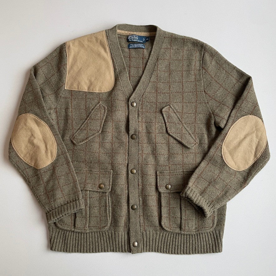 Polo Ralph Lauren (XL) 100% Wool Sage Green Check Twill Trim Cardigan Sweater