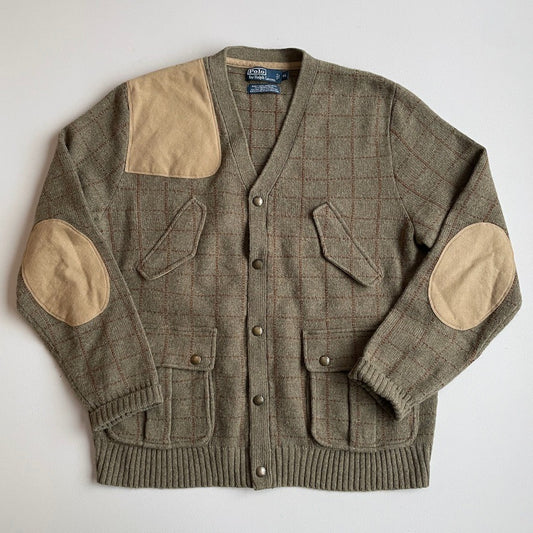 Polo Ralph Lauren (XL) 100% Wool Sage Green Check Twill Trim Cardigan Sweater