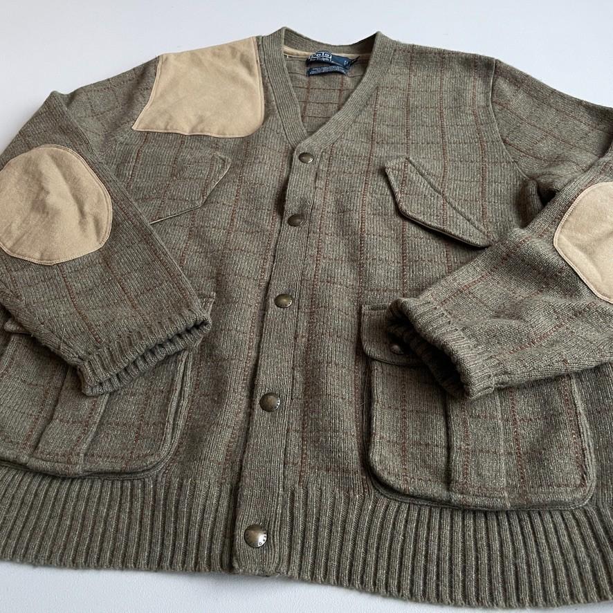 Polo Ralph Lauren (XL) 100% Wool Sage Green Check Twill Trim Cardigan Sweater