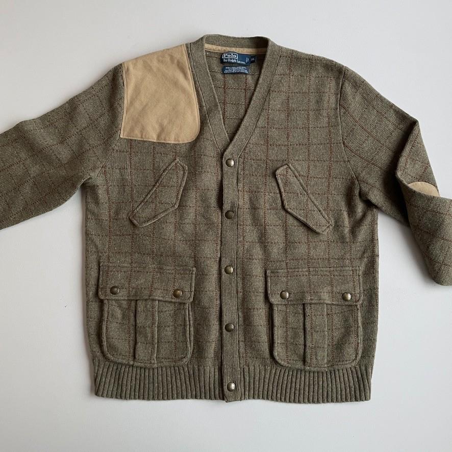 Polo Ralph Lauren (XL) 100% Wool Sage Green Check Twill Trim Cardigan Sweater