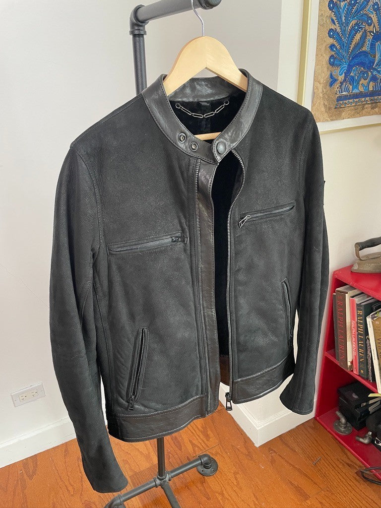 Belstaff (size 48 / M) Nubuck Leather Shearling Cafe Racer Black Jacket