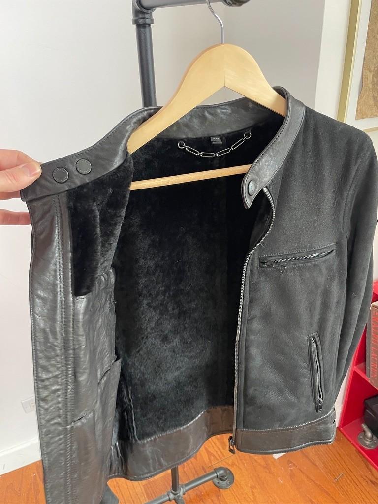 Belstaff (size 48 / M) Nubuck Leather Shearling Cafe Racer Black Jacket