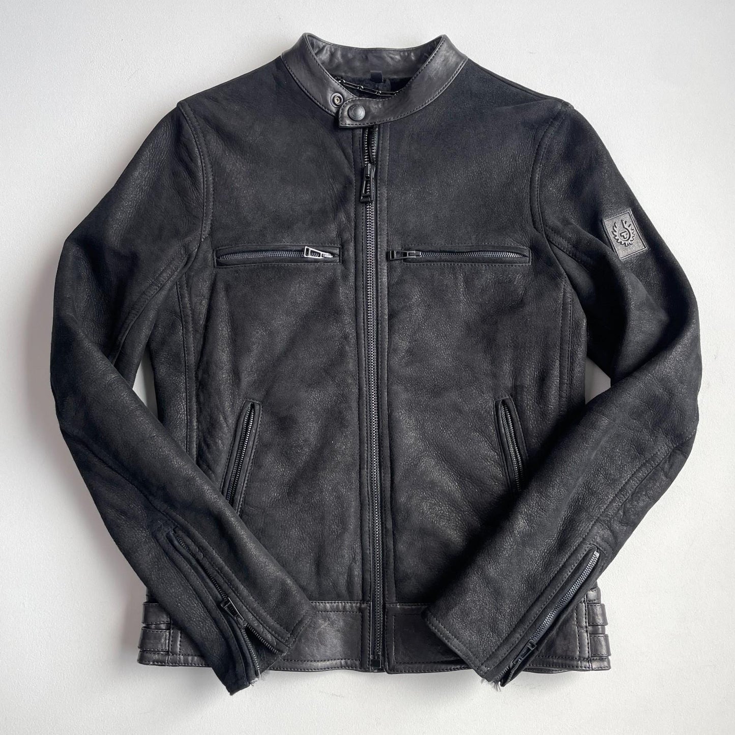 Belstaff (size 48 / M) Nubuck Leather Shearling Cafe Racer Black Jacket