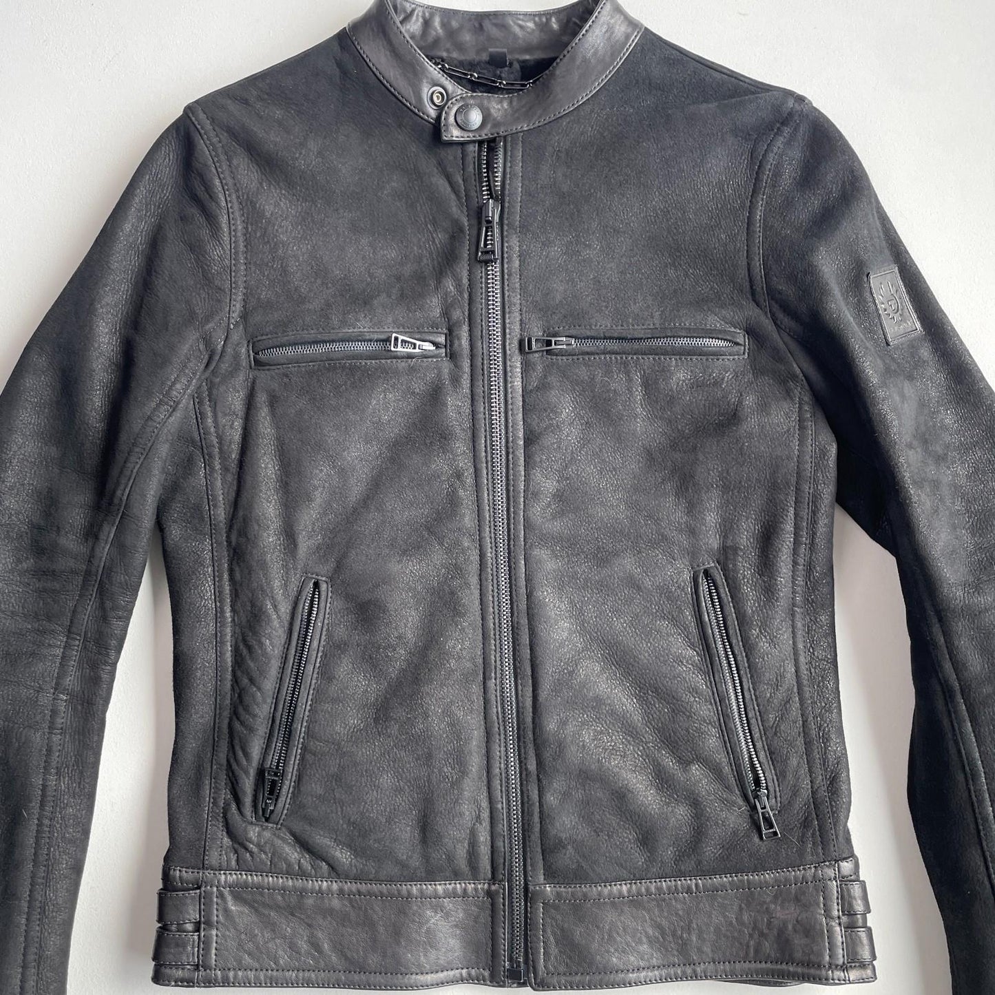 Belstaff (size 48 / M) Nubuck Leather Shearling Cafe Racer Black Jacket