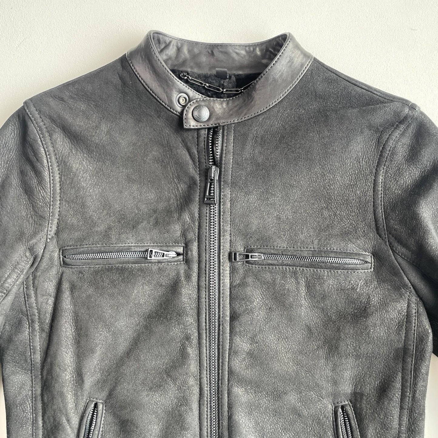 Belstaff (size 48 / M) Nubuck Leather Shearling Cafe Racer Black Jacket