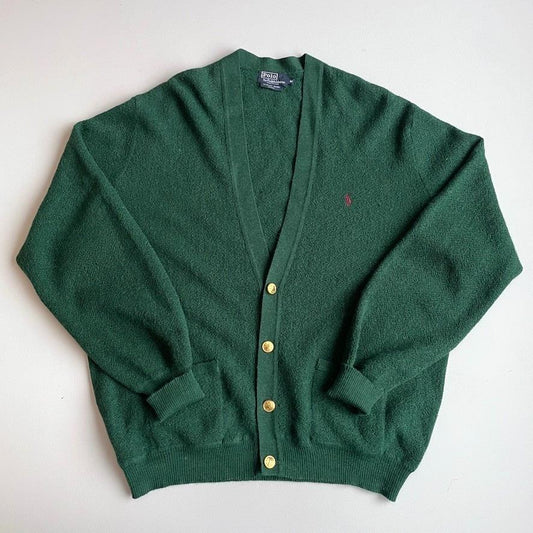 VNTG Polo Ralph Lauren (M) Alpaca Wool Gold Button Jade Green Cardigan Sweater