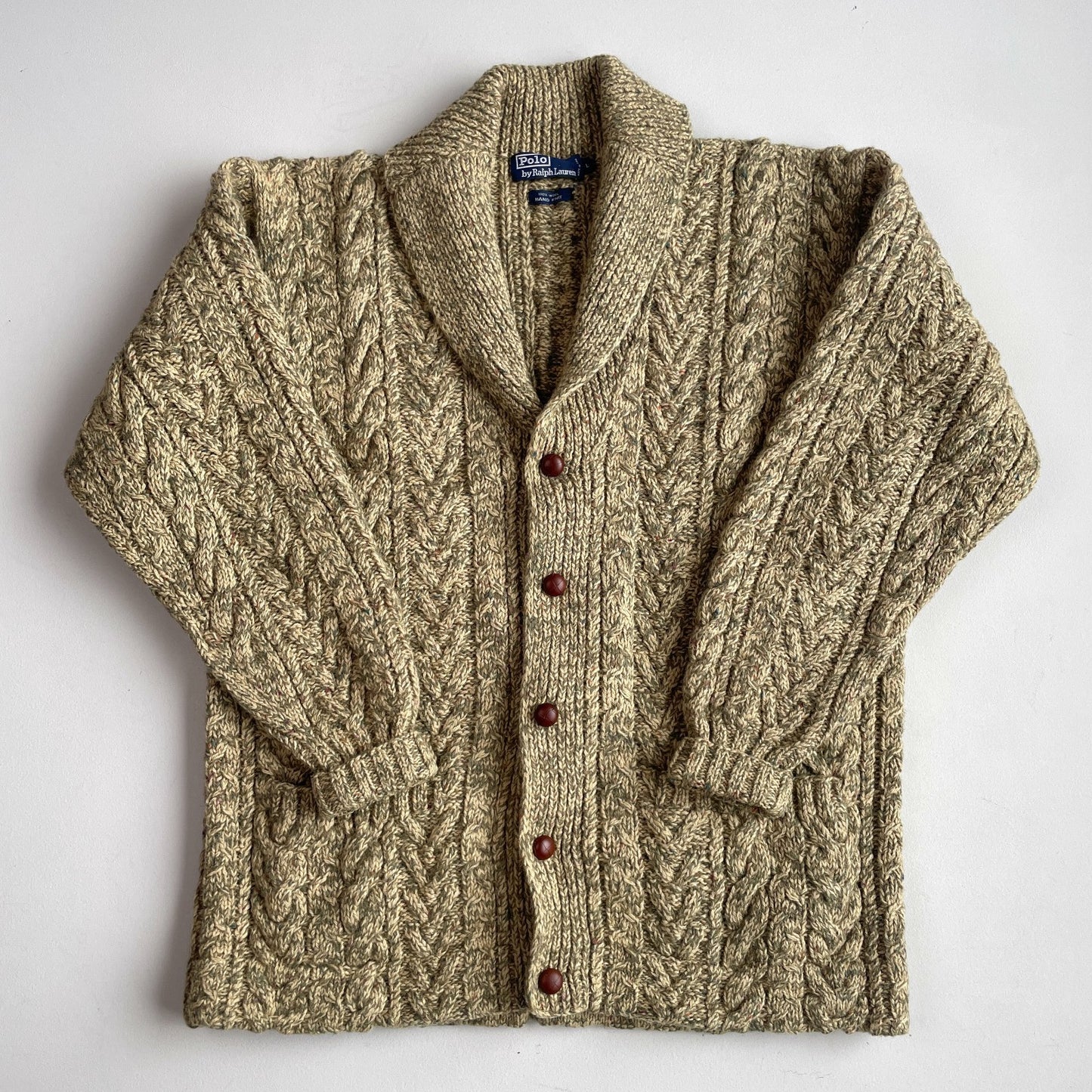 VNTG Polo Ralph Lauren (L) 100% Wool Melange Cable Hand-Knit Cardigan Sweater