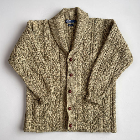 VNTG Polo Ralph Lauren (L) 100% Wool Melange Cable Hand-Knit Cardigan Sweater