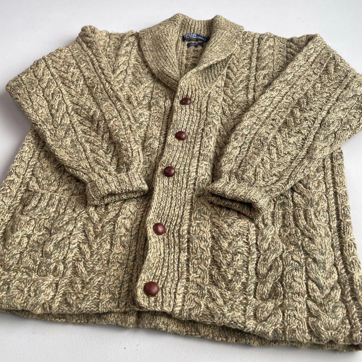 VNTG Polo Ralph Lauren (L) 100% Wool Melange Cable Hand-Knit Cardigan Sweater