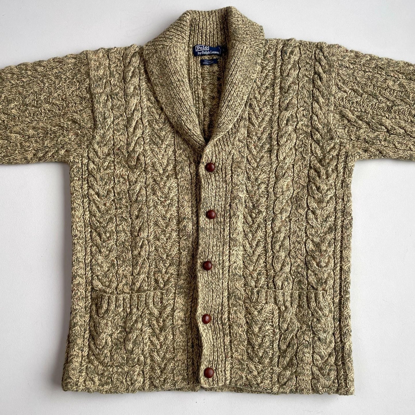 VNTG Polo Ralph Lauren (L) 100% Wool Melange Cable Hand-Knit Cardigan Sweater