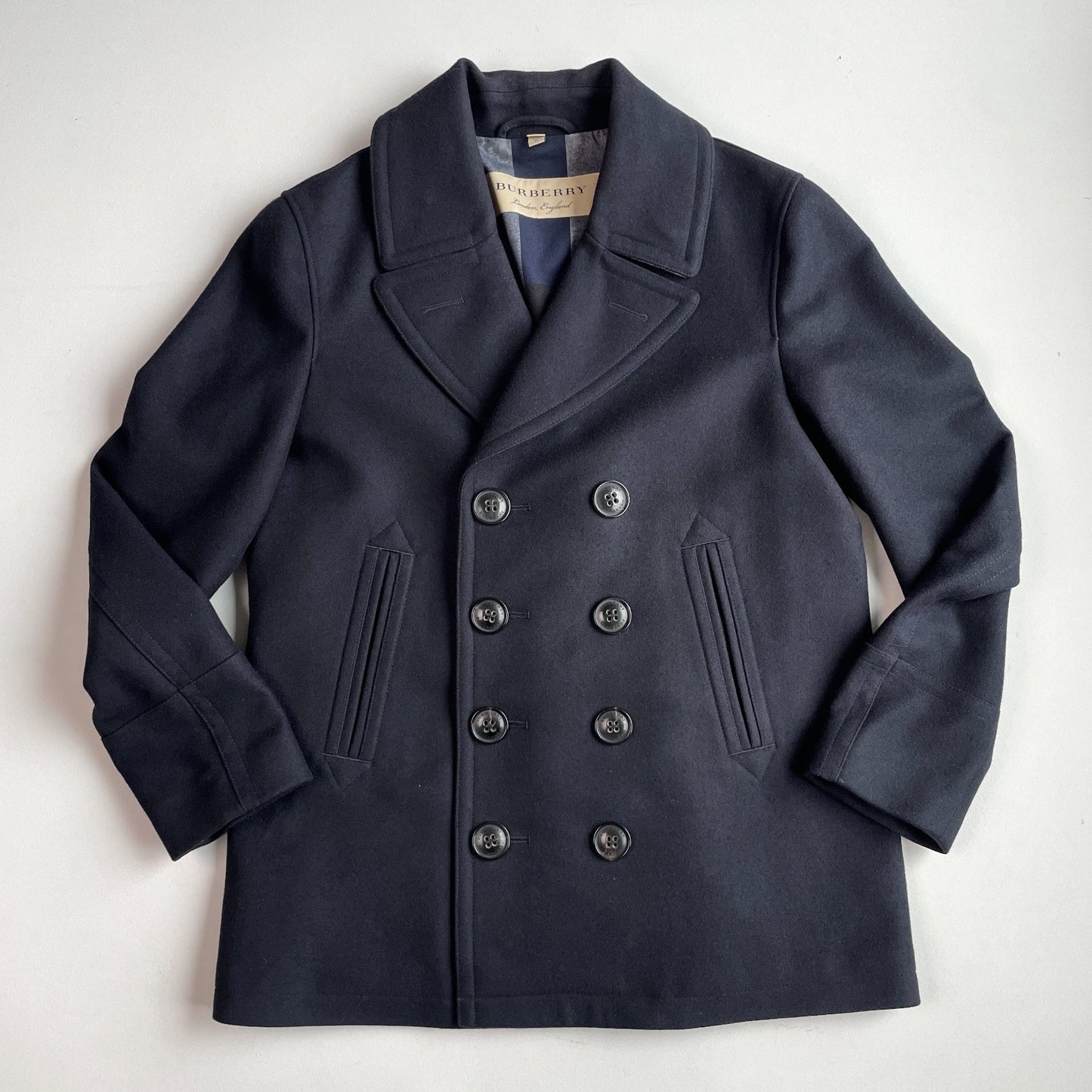 Burberry (XL)  Navy Blue Wool/Cashmere Gray Nova Check Peacoat