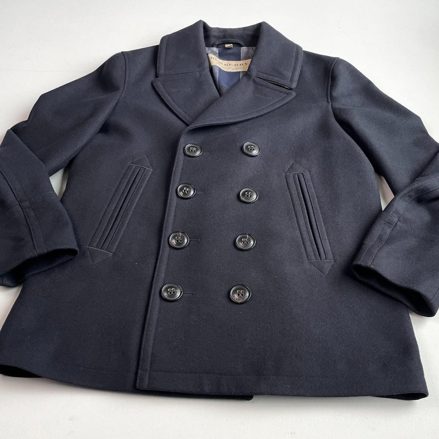 Burberry (XL)  Navy Blue Wool/Cashmere Gray Nova Check Peacoat