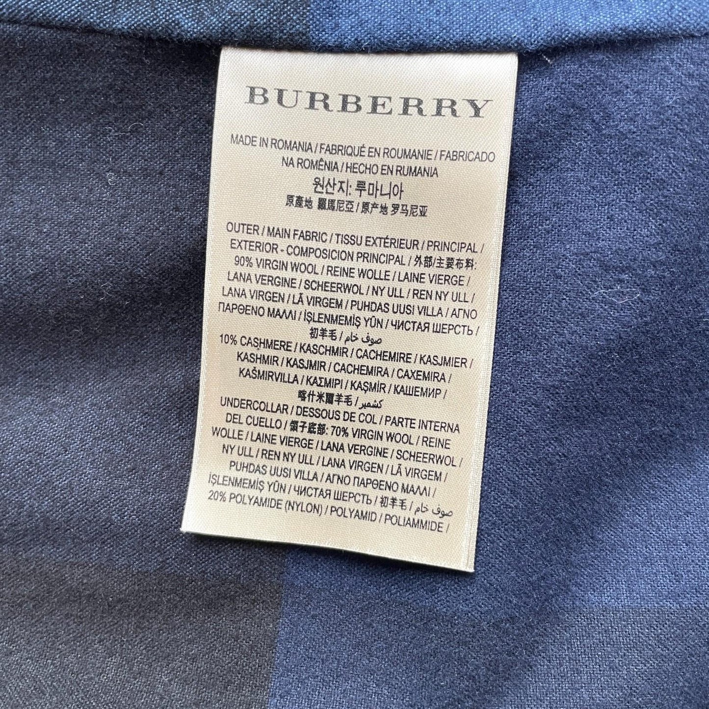 Burberry (XL)  Navy Blue Wool/Cashmere Gray Nova Check Peacoat