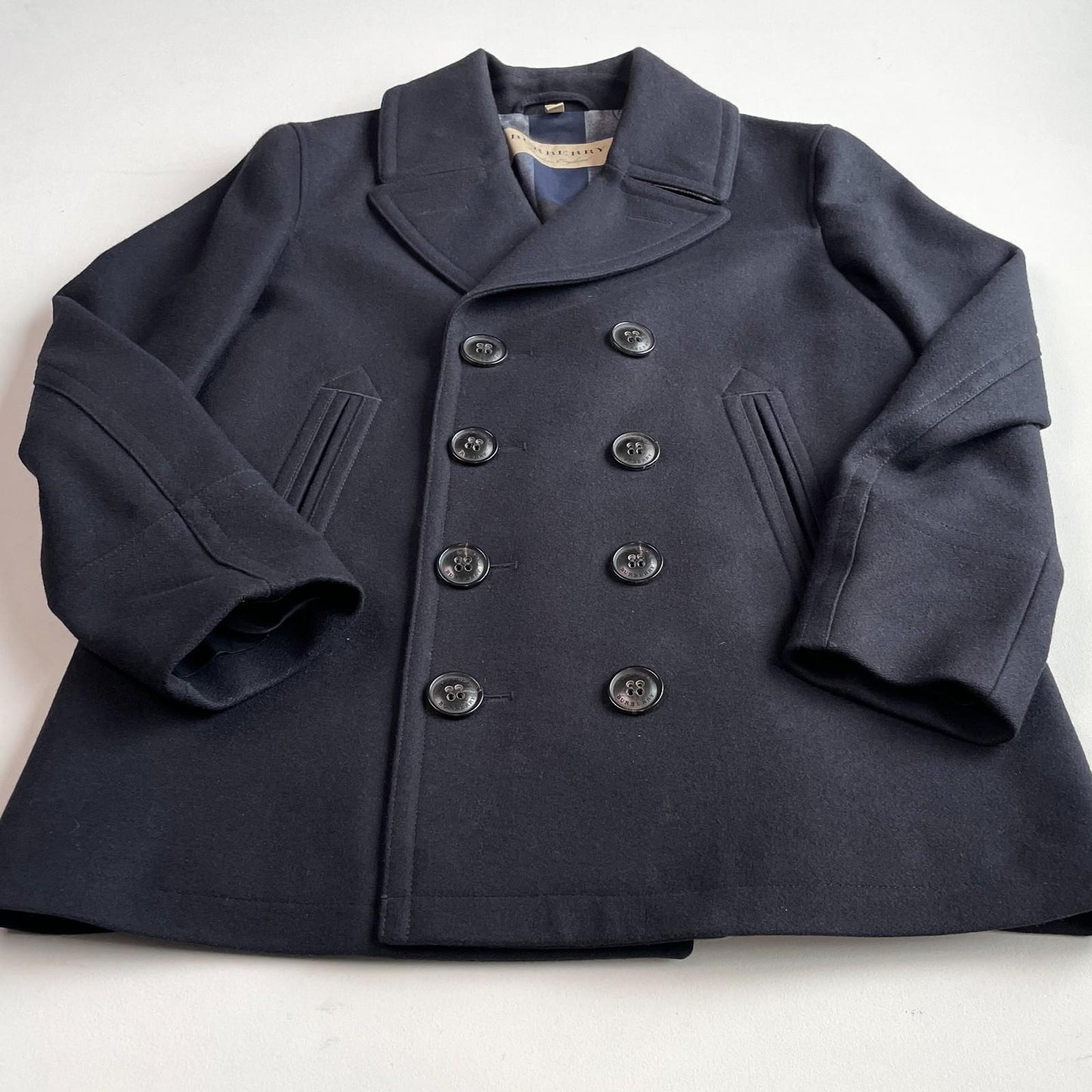 Burberry (XL)  Navy Blue Wool/Cashmere Gray Nova Check Peacoat