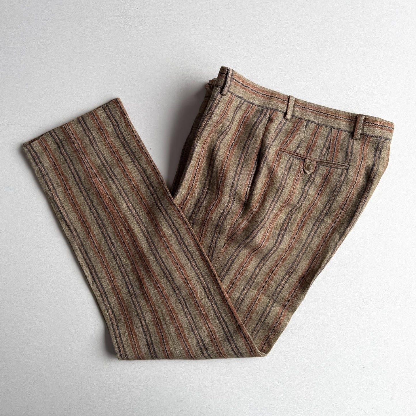 Paul Stuart (34x32) 100% Linen Striped Earth Tones Straight Leg Trousers Pants