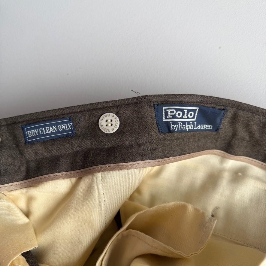 VNTG Polo Ralph lauren (34x32) 100% Wool Flannel Pleated Olive Trousers Pants