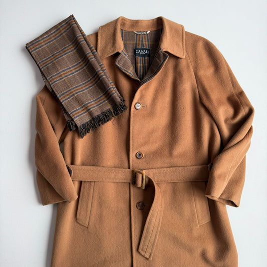 VNTG Canali (48 / 38) Tawny Brown 100% Wool Balmacaan WITH SCARF Over Coat