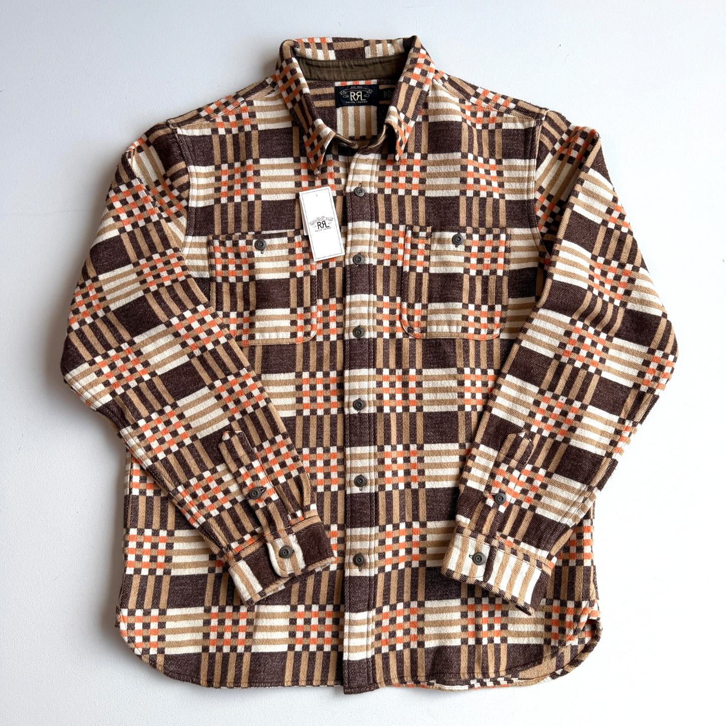 NWT RRL Ralph Lauren (L) Cody Jacquard Cotton Brown/Orange Heritage Work Shirt