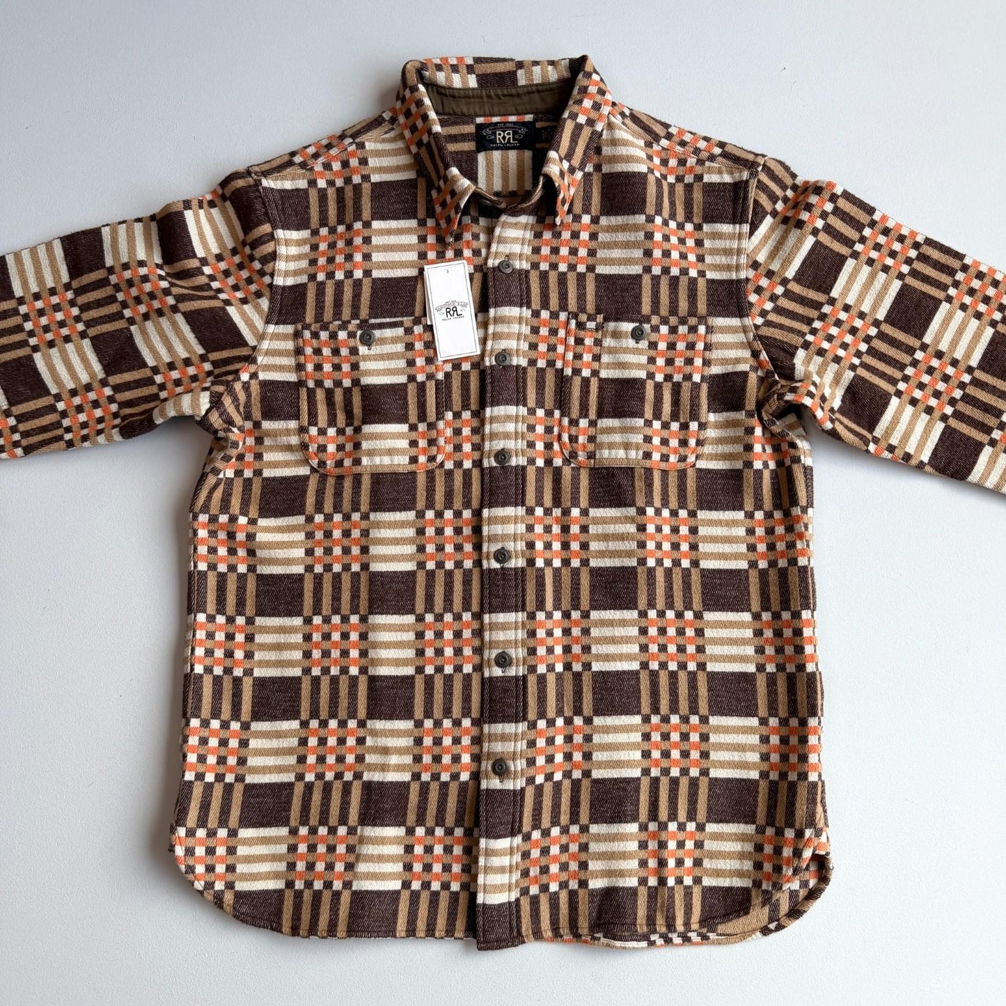 NWT RRL Ralph Lauren (L) Cody Jacquard Cotton Brown/Orange Heritage Work Shirt