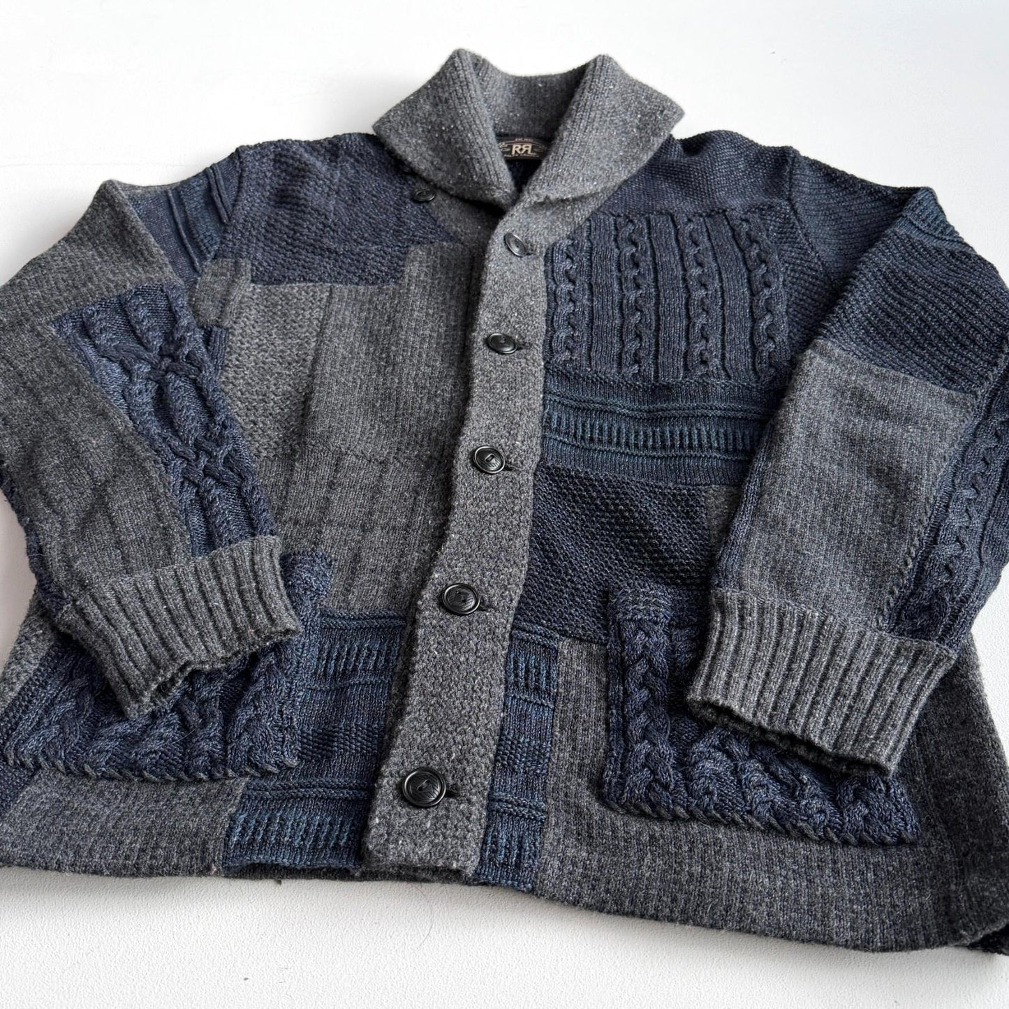 RRL Ralph Lauren (M) Patchwork Indigo Cotton/Wool/Linen Cardigan Sweater