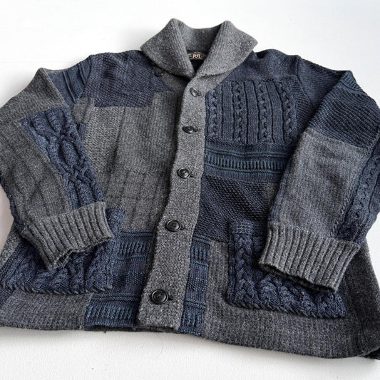 RRL Ralph Lauren (M) Patchwork Indigo Cotton/Wool/Linen Cardigan Sweater