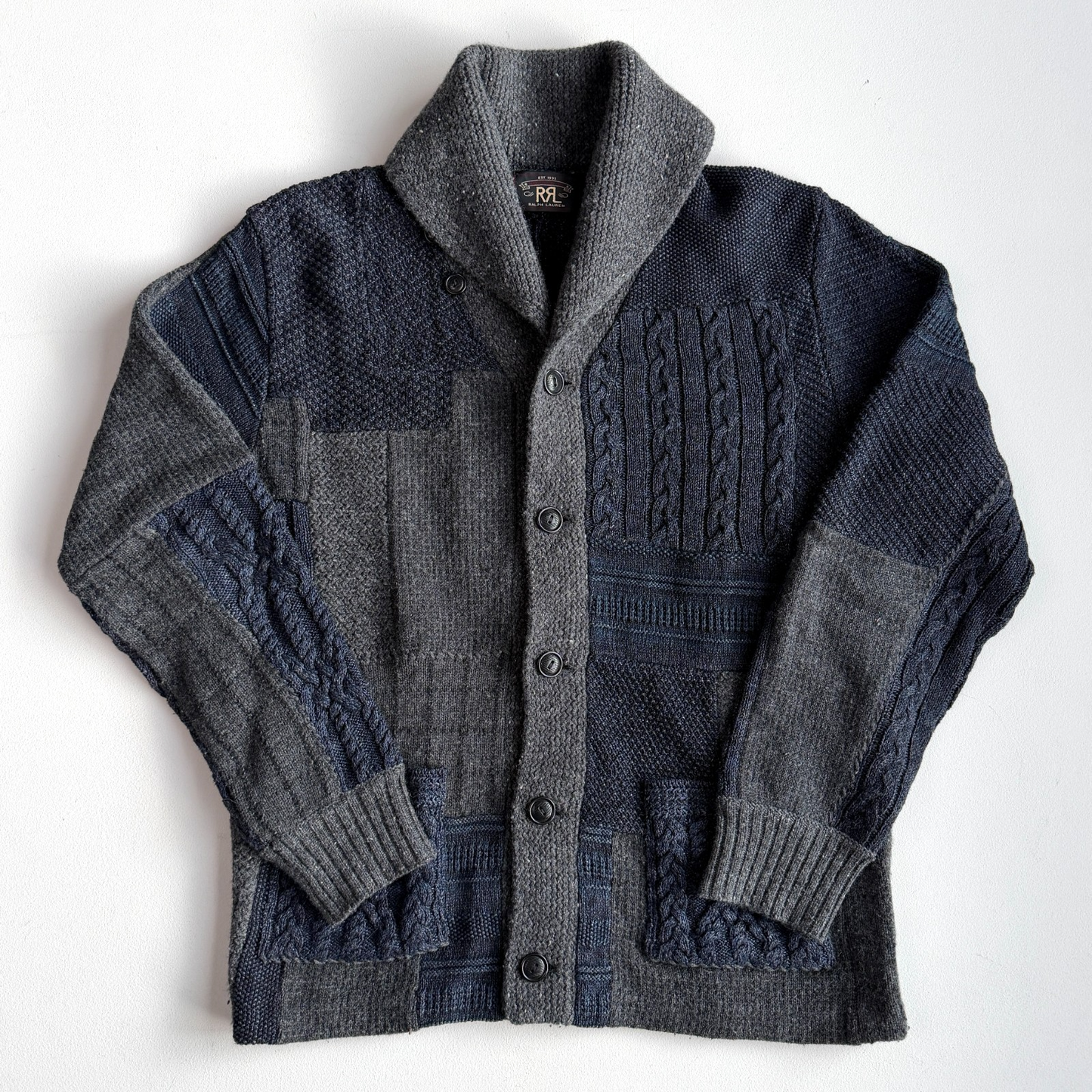RRL Ralph Lauren (M) Patchwork Indigo Cotton/Wool/Linen Cardigan Sweater