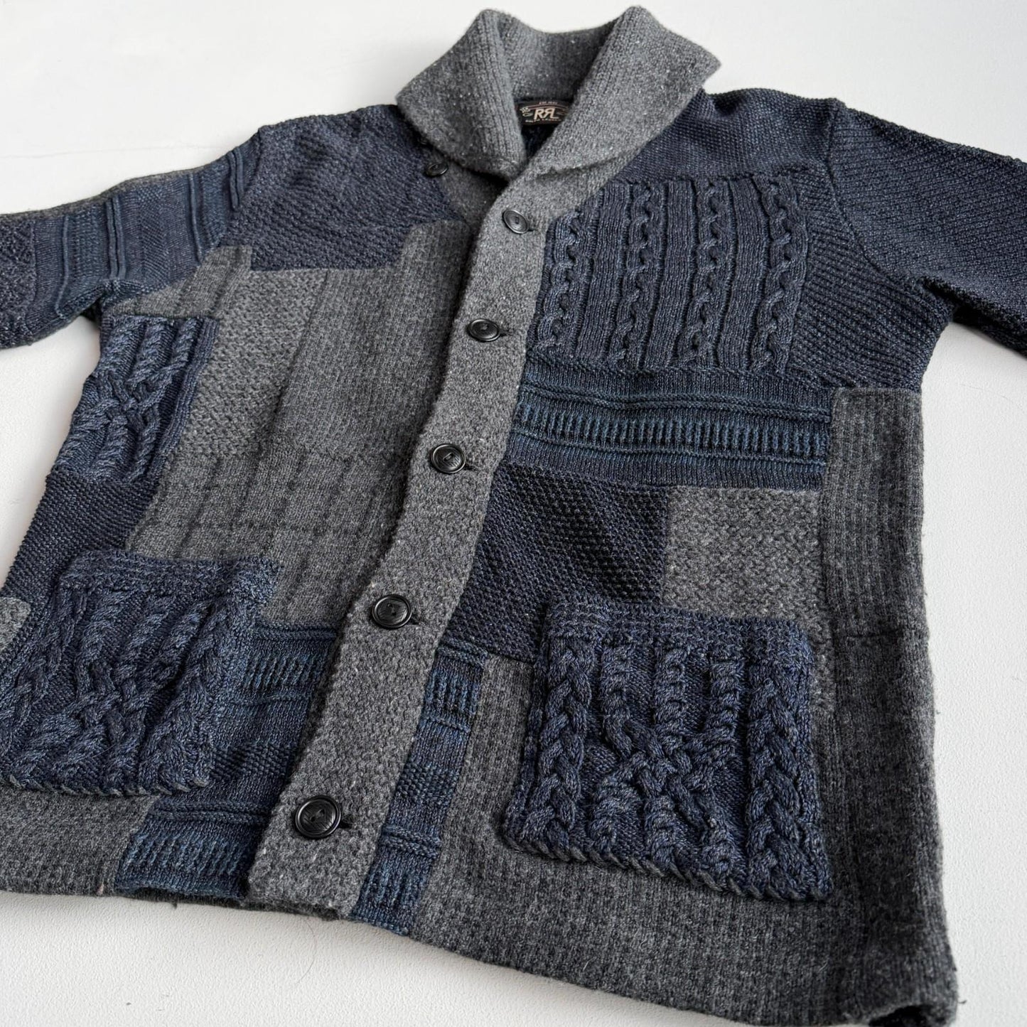 RRL Ralph Lauren (M) Patchwork Indigo Cotton/Wool/Linen Cardigan Sweater