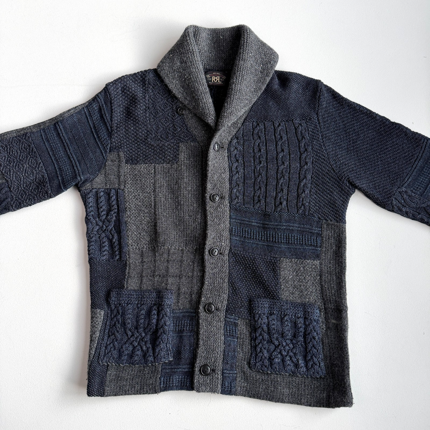 RRL Ralph Lauren (M) Patchwork Indigo Cotton/Wool/Linen Cardigan Sweater