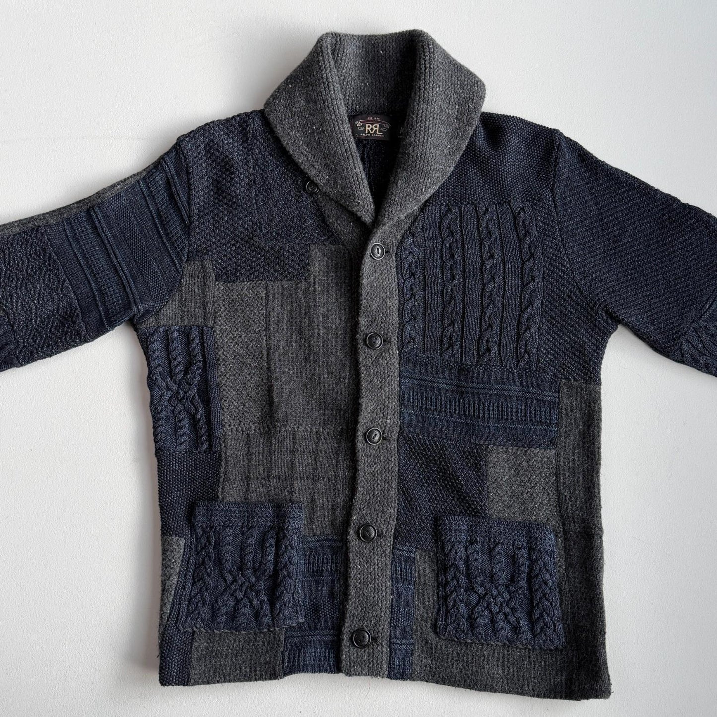 RRL Ralph Lauren (M) Patchwork Indigo Cotton/Wool/Linen Cardigan Sweater