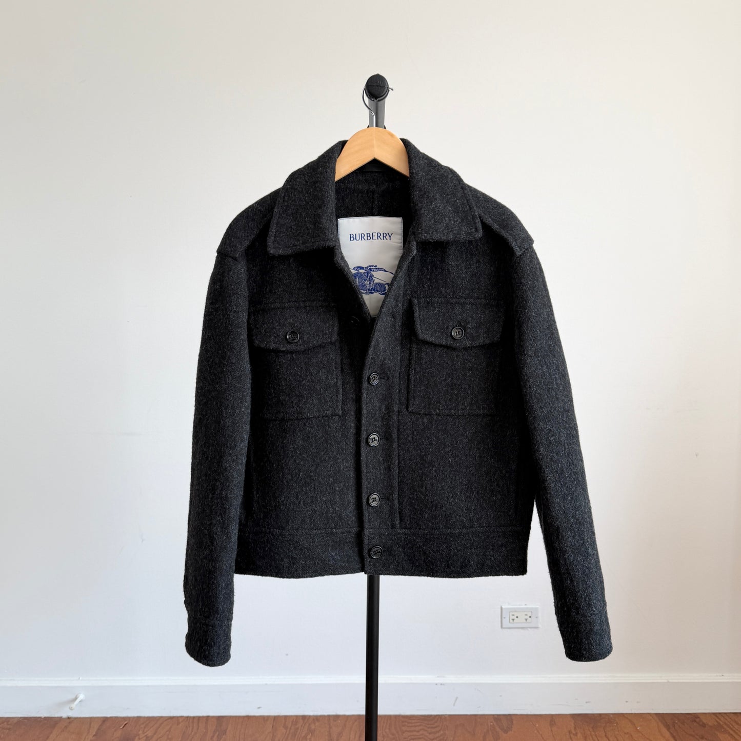 Burberry (48IT) 100% Wool Tweed Charcoal Military Button Jacket