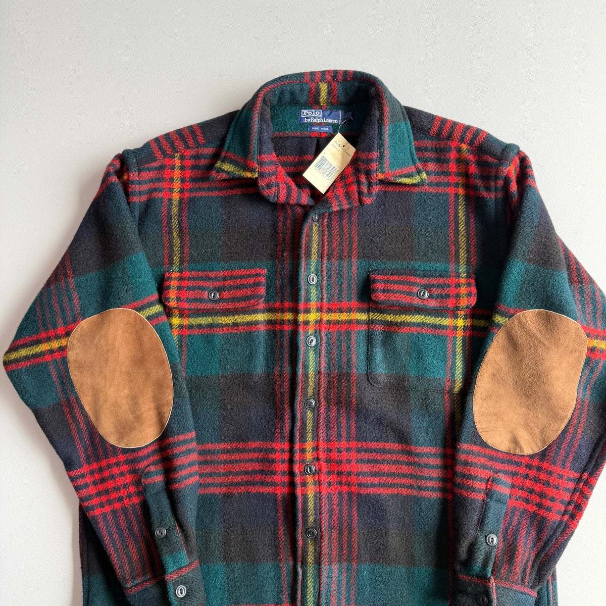 NWT VNTG Polo Ralph Lauren (L) 100% Wool Plaid Suede Elbow Overshirt